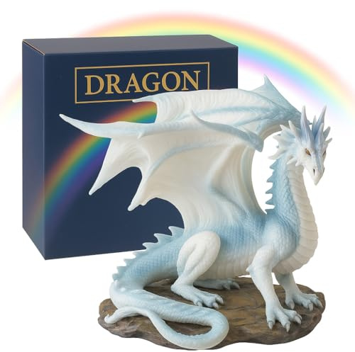 Statuetta drago, blu e bianco drago, Dragon Draconis con le ali alzate, Fantasy Figur 19 cm