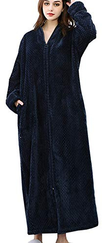 DSNOW - Albornoz largo de forro polar con cremallera para mujer, con diseño de gofre y toalla esponjosa, bata de dormir, azul marino, XL