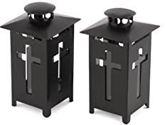 Novaliv 2X Grablaternen I 16 cm Hoch I schwarz I Kreuzdekor I Friedhofslaternen Grableuchten Laternen für Friedhof Urnengrab