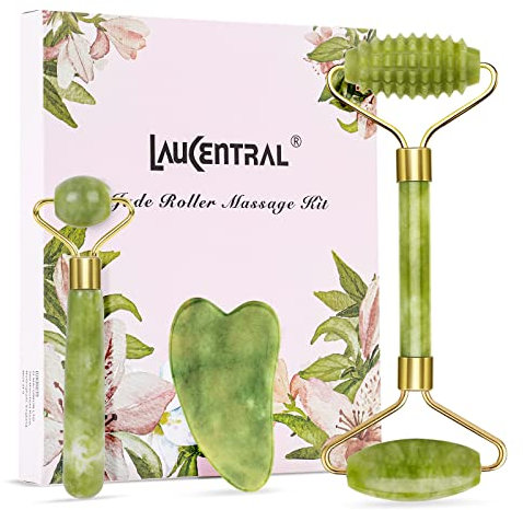 【3 PCS】Jade Roller & Gua Sha Massage Kits, LauCentral Natural Anti-Aging Face Roller for Eye Puffiness Treatment, Skin Tightening, Rejuvenate Face & Neck, Natural Green Massager