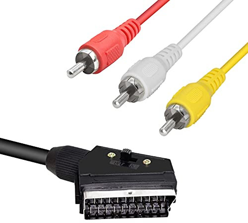 GELRHONR Scart auf 3 Cinch-Kabel, Scart 20 Pin auf AV Composite Audio/Video mit In/Out-Schalter-Schwarz