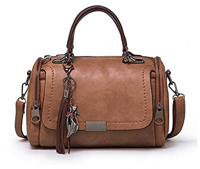 PORRASSO Bolsos de Mujer Retro Bolso Bandolera Bolsa de Hombro Señoras Bolso de Mano Impermeable Bolsa de Mensajero de Cuero PU Viajes Trabaja Citas Bolso Boston Marron Oscuro