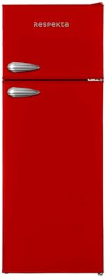 Respekta réfrigérateur rétro avec congélateur haut / 145 x 54 cm / 213 l / pieds réglables en hauteur / mode hiver / fonction congélation rapide / KS144VR / en rouge