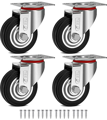 GBL Heavy Duty Castor Wheels + Schrauben - 75mm bis zu 200kg - 4 Pack No Floor Marks Silent Castor für Möbel - Gummi überzogene Trolley-Räder - Silberne Rollen