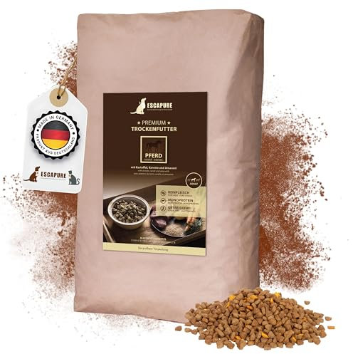 Escapure Adult Trockenfutter Hund 12kg Beutel Pferd - Hundefutter trocken mit Rapsöl & Amarant - Alleinfuttermittel für ausgewachsene Hunde getreidefrei - Hundenahrung mit hohem Fleischanteil