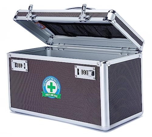 HEWEI WORKS Scatola Medicinali a Prova di Bambino con Serratura a Combinazione, Cassetta Kit Pronto Soccorso Vuota, Scatola Multiuso, Incluso in un Piccolo Portapillole Portatile (Brown)