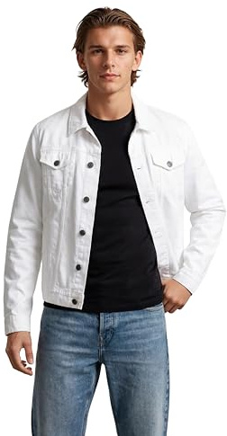 X RAY Mens Denim Jacket, Washed Ripped Distressed Flex Stretch Casual Trucker Biker Jeans Jacket for Men, White, Medium