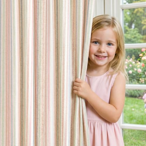jinchan Linen Curtains for Living Room Candy Striped Curtains 63 inch Length for Baby Girls Kids Room, Ticking Stripe Pattern Light Filtering Nursery Drapes, Grommet Window Treatments, 2 Panels Candy