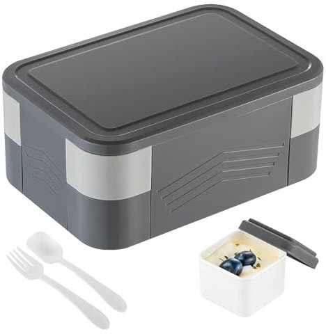 1550ML Doppellagige Lunchbox, Auslaufsicher Bento Boxen für Erwachsene, Kinder Brotdose für Kindergarten/Schule, Vesperdose mit Fächern & Besteckse, Brotzeitbox Jausenbox für Picknick/Büro (Grau)