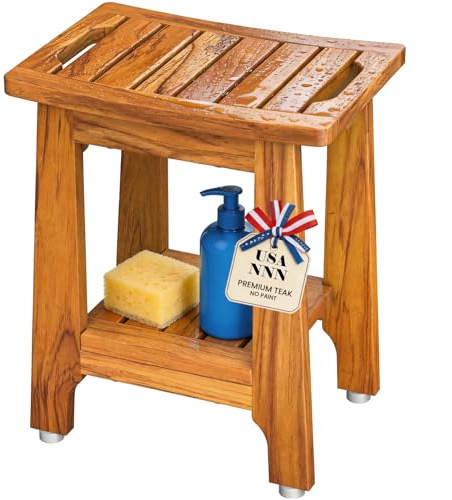 14 Compact Teak Shower Stool with Shelf & Handle - Waterproof, Non-Slip Bath Bench for Small Bathrooms/Tub/Outdoor Use, 300 lbs Capacity (Patented)