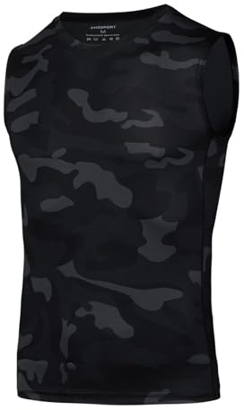 AMZSPORT Maillot Compression à Manches Haut sans pour Homme Sports Séchage Rapide Baselayer Haut Camouflage Noir M