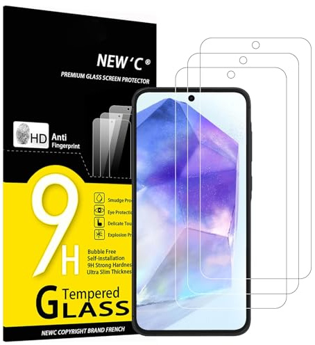 NEW'C 3 Pack, skärmskydd i glas för Samsung Galaxy A55 5G, bubbelfri, 9H hårdhet, 0,33 mm ultratransparent, ultrabeständigt härdat glas