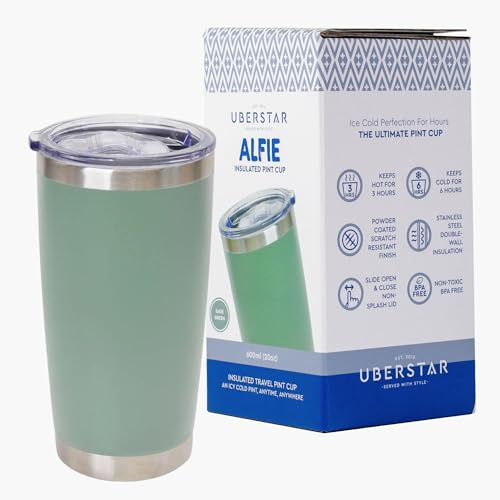 Alfie Isolierflasche aus Edelstahl, für heiße oder kalte Getränke, 600 ml, Becher mit Deckel, für Bier, Apfelwein, Wasser, Kaffee, Salbeigrün