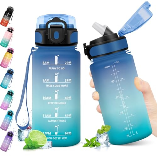 KollyKolla Gourde 500ml, Bouteille d'eau Gourde Paille, Étanche & Réutilisable, Sport avec Marqueur de Temps, Motivation pour Cyclisme, Bureau, Camping, l'école