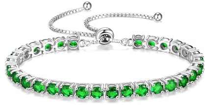 FANCIME May Birthstone Jewellery Emerald Bracelet for Women Sterling Silver Tennis Bracelet Classic Bolo Adjustable Chain Fine Jewellery Anniversary Birthday Gifts for Women Mom Wife Her