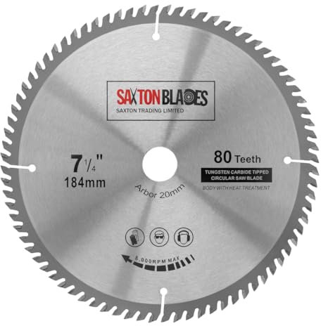 TCT18480T20B Lame de scie circulaire TCT 184 mm x 80 dents x 20 mm alésage (anneau 16 mm) compatible avec Evolution Bosch Makita etc