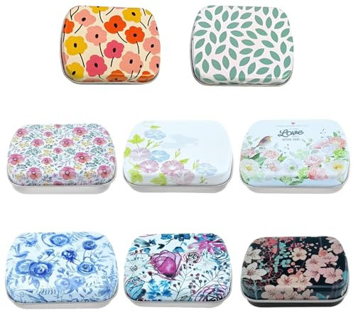 IUSOT 8PCS Small Tin Box with Lid Rectangular Iron Storage Container for Candy, Coin, Tiny Bead, Earplugs, Nail Jewelry Findings - Travel