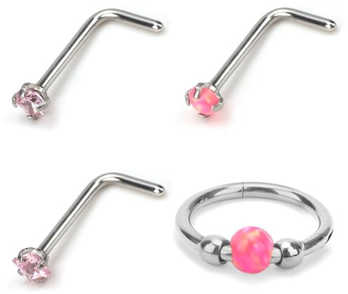 Mikovivi 4pcs Anneaux Nez, Acier Inoxydable 18g Clous Nasaux L Segmentés Charnière avec Fermeture Clip pour Narine Septum Cartilage Hélix Rook Lobe D'oreille Bijoux Piercing Labial (Rose)