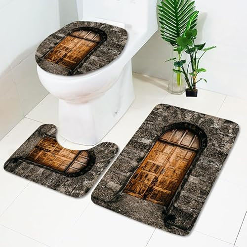 Badrumsmatta orange grå sten WC matta med urtag WC lockskydd 3 delar WC matta halkfri badrumsset U-formad badmatta tvättbar badrumsmatta set 45 x 75 cm
