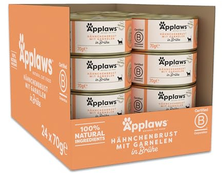 Applaws 100 % Natural Comida húmeda para Gatos Adultos, pechuga de Pollo con gamba en Caldo, 24 × 70 g latas