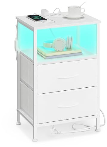 SONGMICS Collection BELLAH - Table de Chevet avec Multiprise, Table d'Appoint avec Éclairage LED Réglable, 1 Étagère Ouverte et 2 Tiroirs, Chambre, Blanc Nuage LGS302WH03