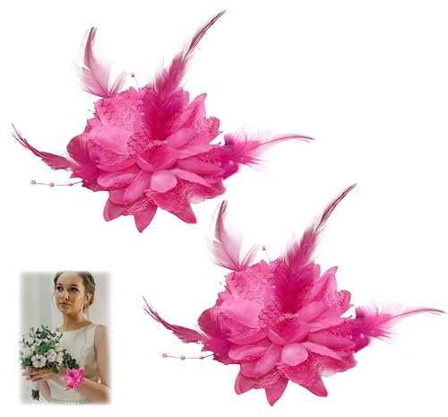 2 Pcs Fuchsia Rose Flower Hair Clip, Flower Feather Bead Corsage Fascinator Headwear Flowers Brooch Hairpin Feather Hairband Beads Hats Clip Hair Barrette for Women Girls Birthday Wedding Party