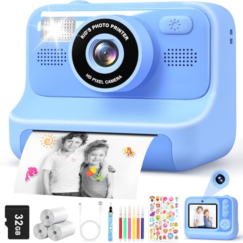 Prinhero Appareil Photo Instantané Enfant - 2.4 Écran Appareil Photo Numérique Enfant avec Mode Selfie et Carte 32GB et Papier d'impression - Cadeau Jouet pour Enfant Garçons Filles de 3-12 Ans - Bleu
