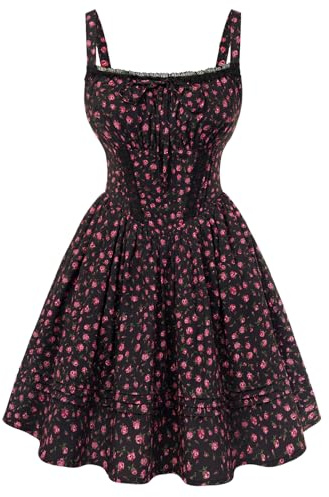SCARLET DARKNESS Women Summer Dresses Floral Mini Corset Dress Beach Party Sleeveless Spaghetti Strap A-Line Sundress Black Floral XXL