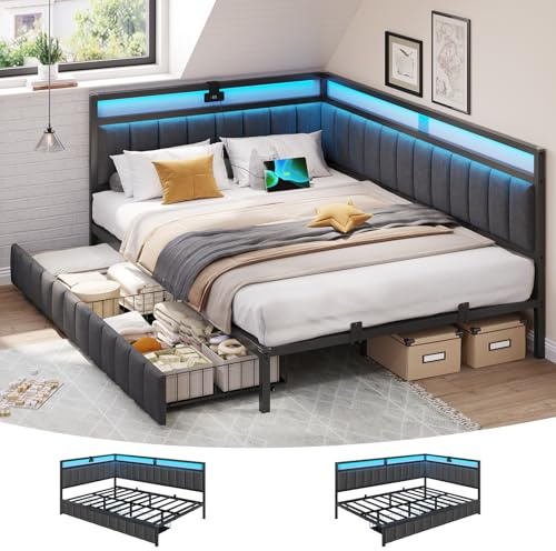 DICTAC Canapé lit 140x190 avec 2 Tiroirs et Prise USB,Cadre de Lit 140x190 avec Sommier à Lattes en métal,Lit Coffre 140 x 190 avec éclairage LED,Lits 2 Personnes en Lin,Gris Foncé-sans Matela