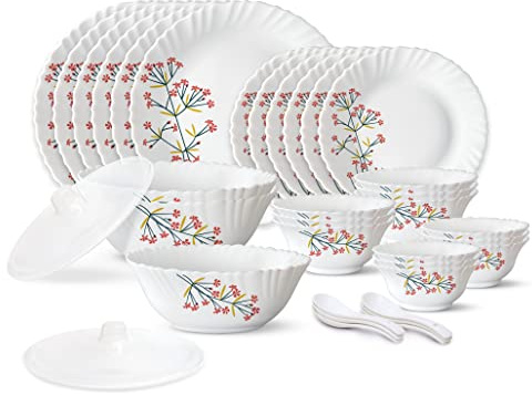 Dinner Set | 35 Pieces for Family of 6 | Microwave & Dishwasher Safe | Bone-Ash Free | Crockery Set for Dining & Gifting | Plates & Bowls | White,Floral