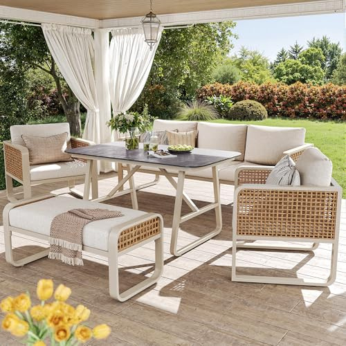 Huayz Juego de muebles de jardín para balcón, muebles de ratán para exteriores, para 6-7 personas, con cojines lavables, patas ajustables para terraza, balcón, jardín
