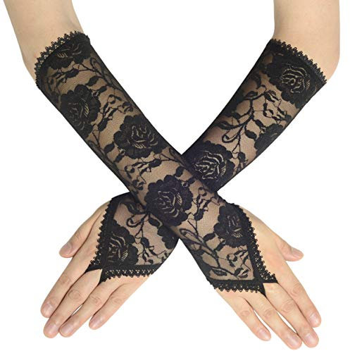 BABEYOND Coucoland Damen Satin Classic Opera Fest Party Audrey Hepburn Handschuhe - 1920s Lang Kurz Elastisch (Fingerlos Spitze Lang/Schwarz)