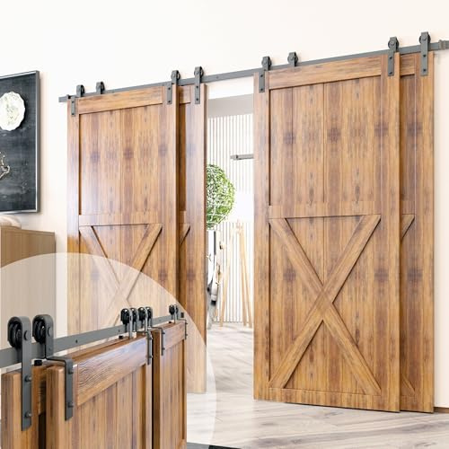 Homacer Black Rustic Single Track Bypass Sliding Barn Door Hardware Kit, for Four Doors, 12ft Long Flat Track, Classic Design Roller, (2 Flat+ 2 Bent Roller Set)