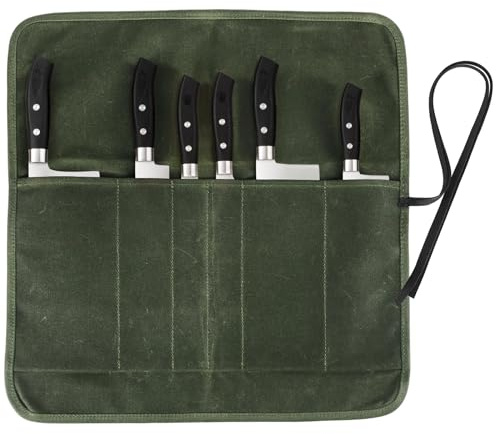 JOINDO Knife Roll Bag, Chef’s Knife Roll Bag, Heavy Duty Chef Knife Roll Bag with 6 Slots, Waxed Canvas Knife Bag Roll, Knife Pouch Holder for Home, Kitchen, Grill (green)