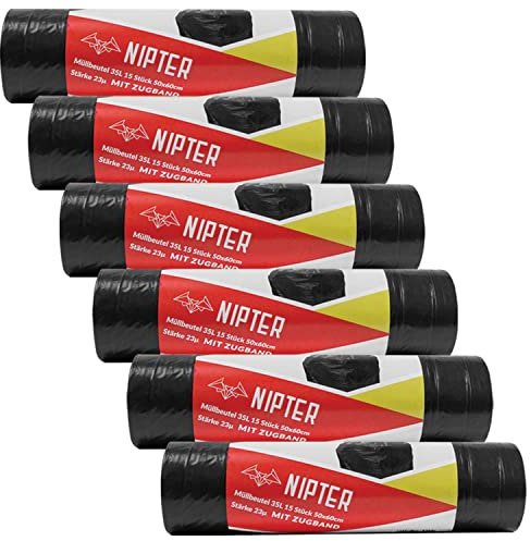 Nipter Öko Müllbeutel mit Zugband 35l, Müllsack Premium, reißfest, tropfsicher, 23 my, 50x60 cm, schwarz, 15 Müllsäcke pro Rolle, 6 Rollen