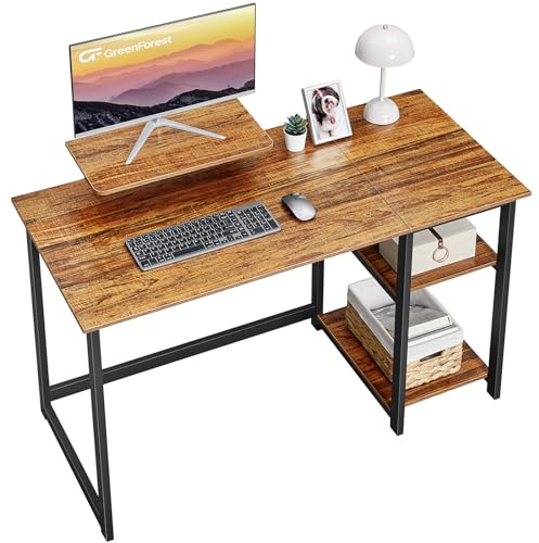 GreenForest Kleiner Bürotisch mit Stauraum, 100cm PC Schreibtisch Klein mit Monitorständer für Home Office, Walnuss