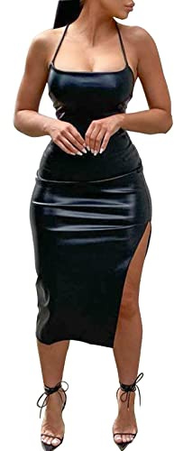 FeMereina Women's Faux Leather Bodycon Midi Dress - Backless Bandage Side Slit Sexy Club Dress (Black, L)