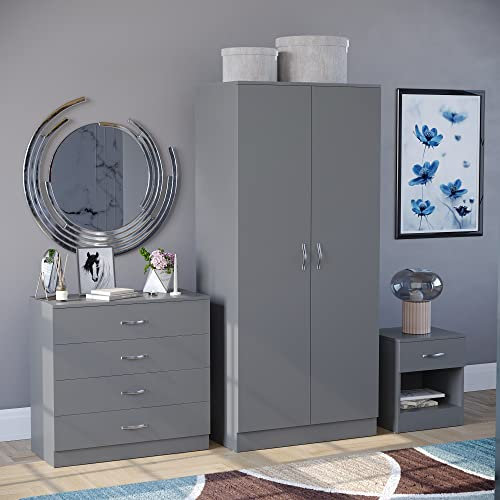 Vida Designs Riano 3 Piece Bedroom Furniture Set - 1 Drawer Bedside Chest, 4 Drawer Chest, 2 Door Wardrobe - Grey