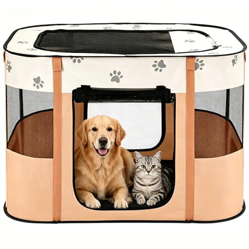 Avont Portable Dog Cat Playpen, Foldable Pop Up Pet Play Pen Travel Crate with Floor and Mesh Door Top for Indoor Outdoor Collapsible Tent Cage -L, Orange