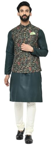 KISAH Men's Kurta Churidar Set – Printed Pure Cotton Tunic with Mandarin Collar, Regular Fit – Indian Wedding Outfit for Men – Festive Wear for Diwali, Eid & Celebrations, Multicolour, 44