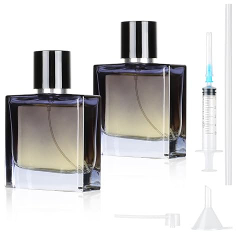 MirraSwit 2Pcs 50ml Perfume Atomiser, Gradient Blue Square Perfume Travel Bottle, Portable Clear Empty Glass Perfume Spray Bottles with funnel, perfume dispenser and syringe for travelling