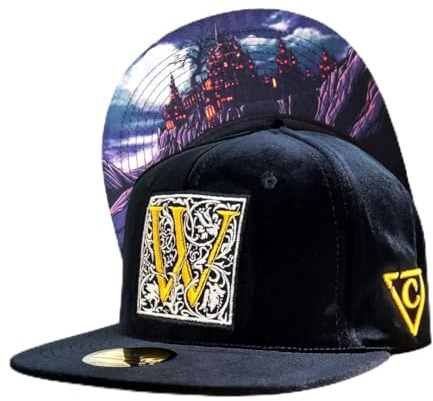 Capiche [99+ Varianti] Cappellino Snapback per Bambini Wizard School - Cappello in Velluto Nero con Ricamo W Dorato, Grafica sottovisiera del Castello Mistico, Berretto Regolabile