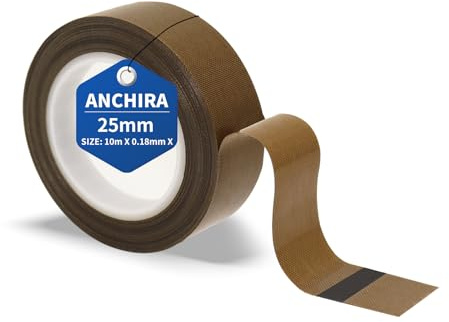 Anchira Cinta PTFE Adhesiva 25 mm x 10 m, Alta Temperatura, Selladora Para Envasadora Al Vacío, Sellado Manual y Por Impulso