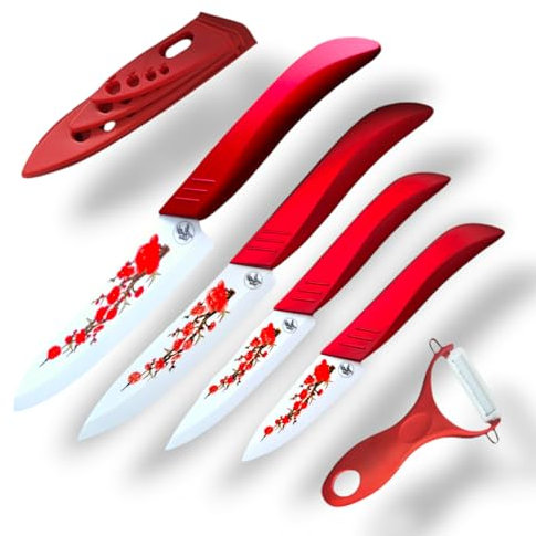 S-HubOla Keramik Messer Set 5-tlg. – Premium Kochmesser, Profi Küchenmesser, Allzweckmesser, Ultra Scharf, Ergonomischer Griff,Sakura Design, Ideal für Profis und Hobbyköche