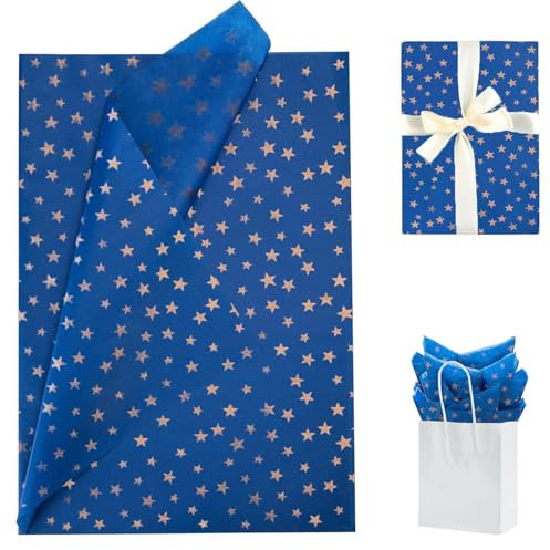 Jwssor Papel de seda de estrella, 20 hojas de Navidad de 50 x 35 cm, papel de regalo de Navidad, papel de estrella azul dorado para Navidad, boda, cumpleaños, manualidades