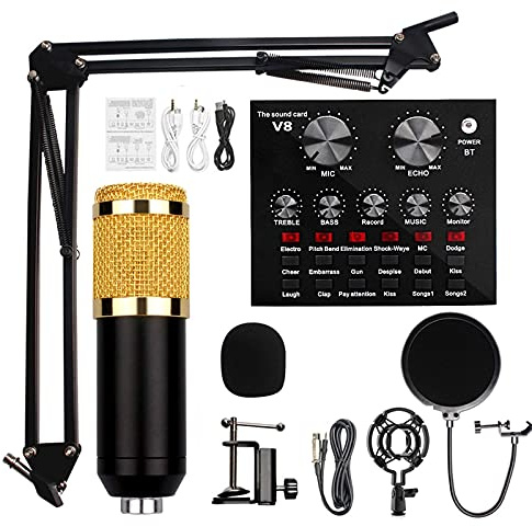 Paquete de micrófono de condensador con tarjeta de sonido en vivo, juego de grabación de estudio profesional con micrófono Bm-800, tarjeta de sonido en vivo con efectos y cambiador de voz, mini sonido