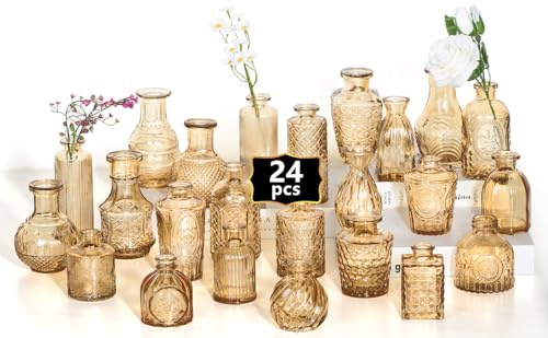 24 mini knoppvas glasset som bröllopscentrum för bord, genomskinliga vintagevaser för blommor, små blomvaser lämpliga för bordsdekoration, födelsedagsfest, bröllop, babyshower (24, guld)