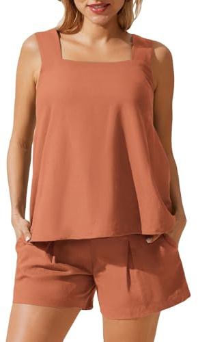 Maacie Conjunto de 2 piezas de pantalones cortos de lino de verano para maternidad, camiseta sin mangas, pantalones cortos de pierna ancha con bolsillos, SALMÓN, Large