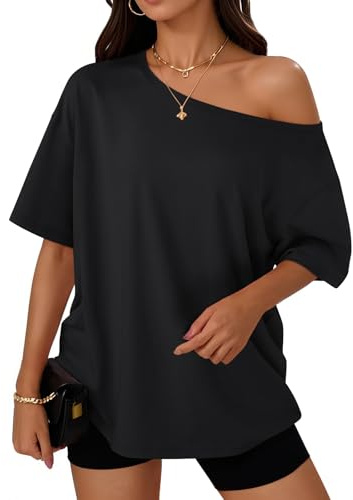 Trendy Queen Womens Off the Shoulder Tops Oversized T-Shirts Short Sleeve Tees Summer 2026 Casual Spring Clothes Workout Gym Y2k Cute Going Out Plus Size Fashion Clothing Black M