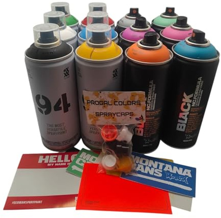 MTN Montana Black Pack - Juego de 12 Pinturas en Aerosol para Graffiti Mural Street Art (12x400 ml, 6 Boquillas de Repuesto de Diferentes Tamaños) Acabado Mate y Secado Rápido